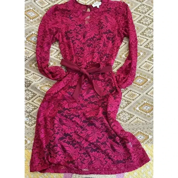 Nikki Poulos Magenta Pink Floral Lace & Blue Lining Size M Stretch Midi Dress - Picture 5 of 16